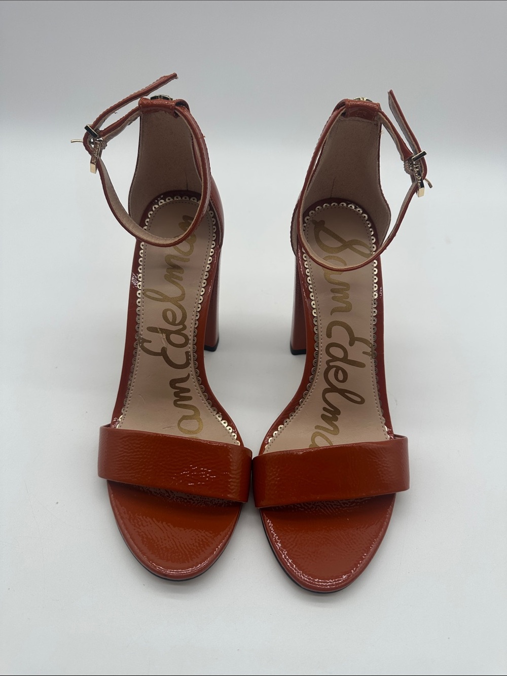 Sam Edelman Rust Patent Ankle-Strap Block Heels